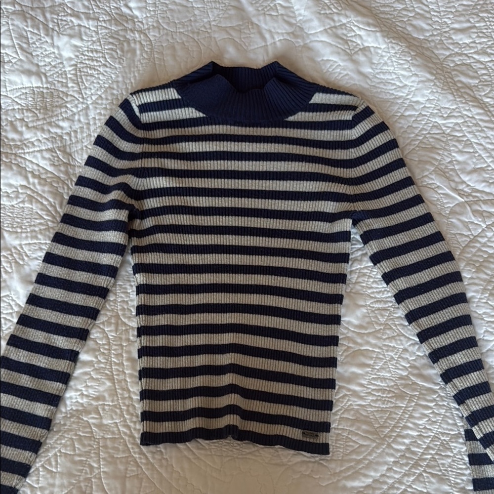 Striped Navy and Gray Turtleneck Sweater